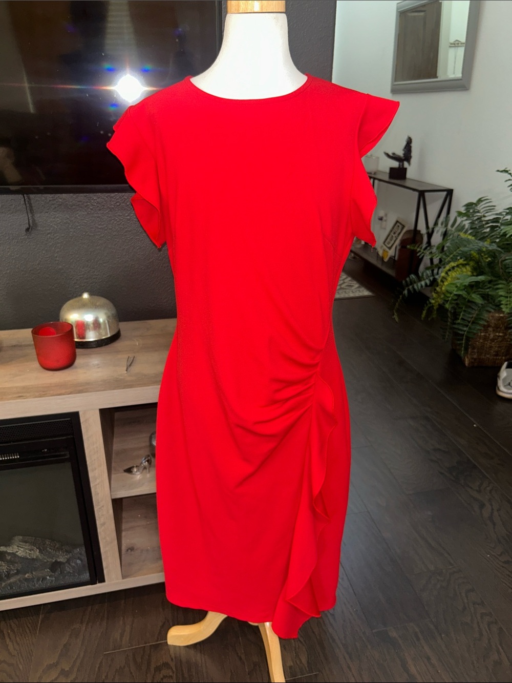 Miusol Vibrant Red Ruffle-Side Midi Dress
